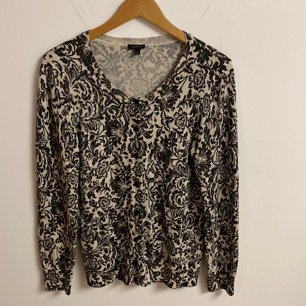 Talbots Gold Metallic Floral Cream Black Button Down Cardigan